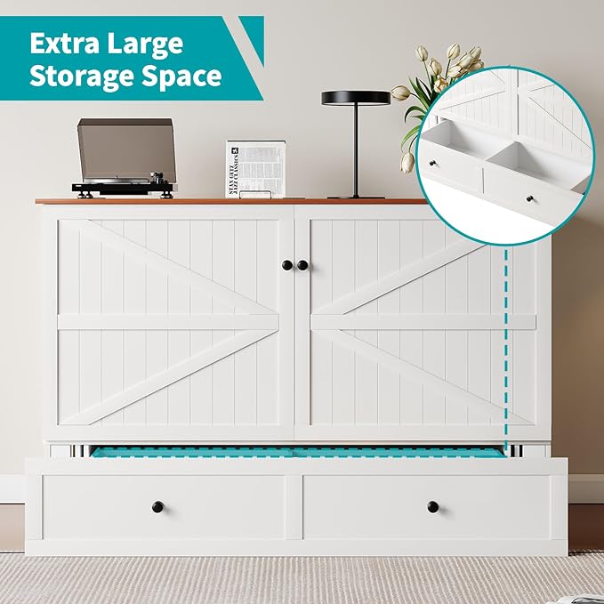 BALUS Queen Size Murphy Bed, 64" W Cabinet Bed with USB Charging Station & Storage Drawer, Queen Cabinet Beds for Living Room, Apartment, Home Office, Bedroom, White-Brown