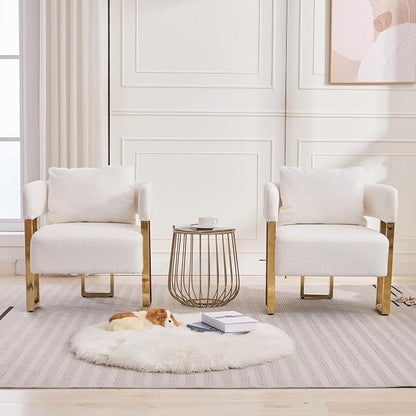 YISHENG Modern Barrel Accent Chairs Set of 2, Living Room Side Chairs with Golden Metal Legs Soft Upholstered Reading Armchairs no Wheels for Vanity/Reception Room//Bedroom/Lounge/Office, White Teddy