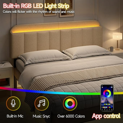 King Size Adjustable Headboard, Upholstered Headboard with Storage, APP Controlled LED Light, Padded Head Board Only, Sturdy Metal Foot Frame, Vertical Channel Design for Bedroom, Beige