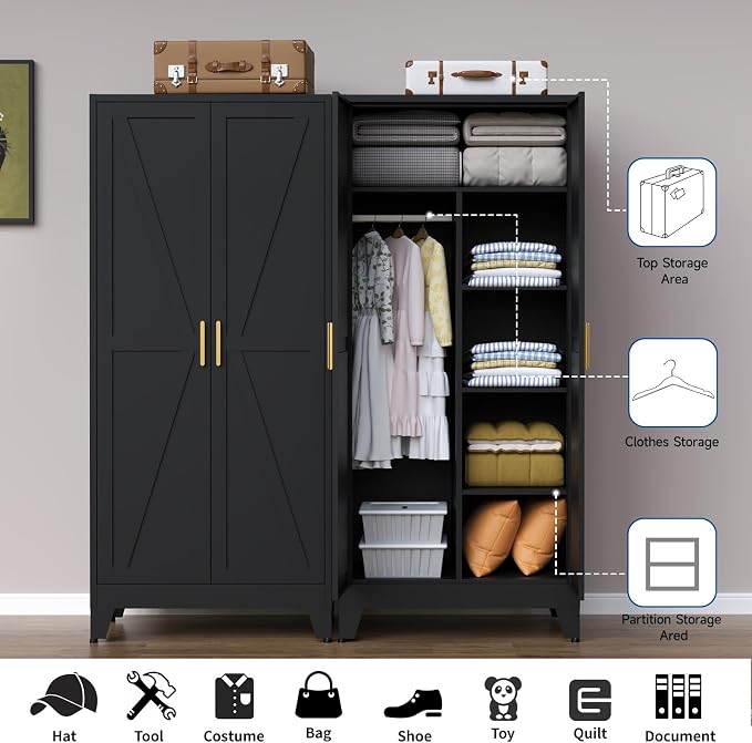 Steel Armoire Wardrobe Closet, 71" Metal Clothing Storage Cabinets with 2 Doors & 3 Adjustable Shelves, Black Wardrobe Cabinet with Hanging Rod for Bedroom, Gym