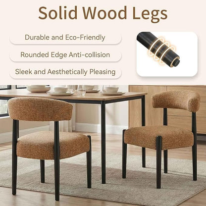VKNOW Wooden Dining Chairs Set of 2 with Black Rubberwood Legs, Orange | Soft Chenille Fabric, Curved Open Back, Thickened Cushion, For Adults and Family, Dining Room, Kitchen, No Wobble