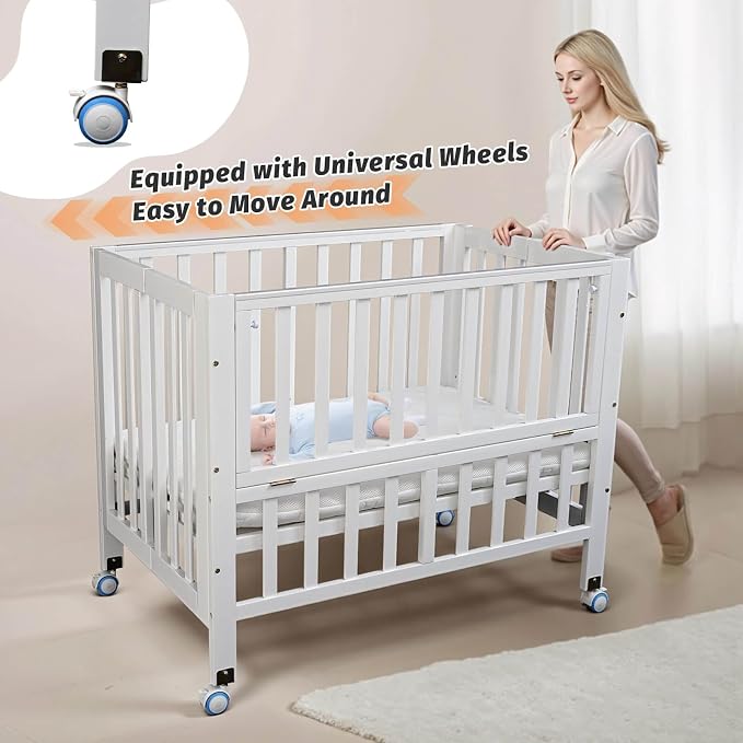 Flwrgirl Folding Wood Bedside Bassinet - Portable 4-in-1 Baby Bassinet with Breathable Mattress,3 Heights Baby Crib with Wheels,Mini Crib for Infant Newborn and Small Space,White