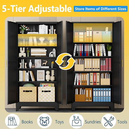 PAOFIN Metal Tall Storage Cabinet with 2 Doors and 5 Adjustable Shelves, 75" Metal Garage Storage Cabinets, File Cabinet,Steel Tool Cabinets for Home,Office,Garage,School,Warehouse (Black)
