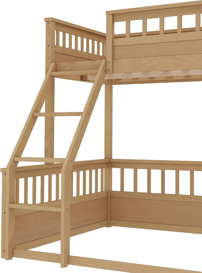 RUNNA Twin XL Over Queen Bunk Bed, Detachable, Ladder, Natural | Twin XL over queen bunk bed, detachable design, ladder, guardrails, solid wood frame, no box spring needed, rustic natural