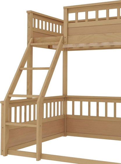 RUNNA Twin XL Over Queen Bunk Bed, Detachable, Ladder, Natural | Twin XL over queen bunk bed, detachable design, ladder, guardrails, solid wood frame, no box spring needed, rustic natural