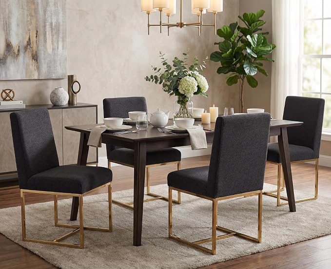 CIMOTA Black Modern Dining Chairs Set of 6, Upholstered Dining Room Chairs Armless Guest Side Chair with Gold Base for Dining Room/Kitchen, Charcoal Black, 6PCS