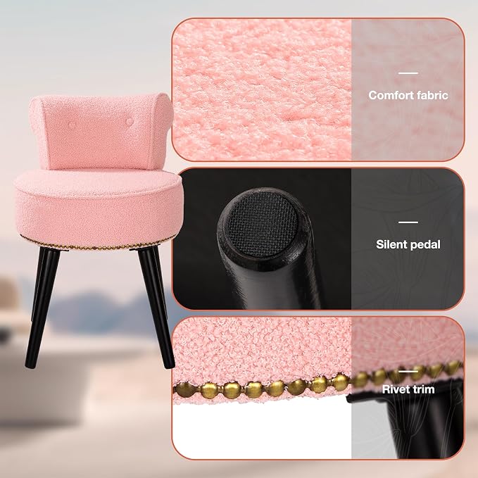Vanity Chair with Backrest, Boucle Upholstery Armless Makeup Stool, Vanity Stool with for Bedroom Living Room Kitchen Dinning Room (Sherpa Pink)