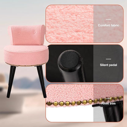 Vanity Chair with Backrest, Boucle Upholstery Armless Makeup Stool, Vanity Stool with for Bedroom Living Room Kitchen Dinning Room (Sherpa Pink)