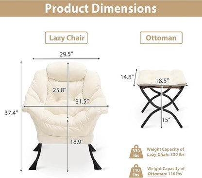 Youtanic Lazy Chair with Folding Ottoman, Accent Chair Plush Upholstered with Metal Structure and Non-Slip Pads, Sofa Armchair with Footrest and Side Storage Bag for Dorm, Room, Office, Beige