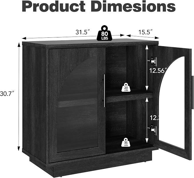 Fatmok Arched Glass Sideboard Buffet Accent Cabinet, 31.5" Display Credenza with Adjustable Shelf,4-Piece Modular Coffee Station Storage for Kitchen Living Room Bedroom, Black Grey
