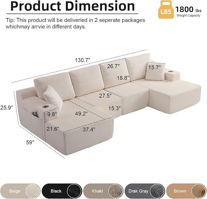 130" U-Shaped Modular Sectional Sofa with Chaise, Boneless Corduroy Flexible Module Seating for Living Room, Cloud Couch with Cup Holders and Side Pockets, No Assembly (Beige)