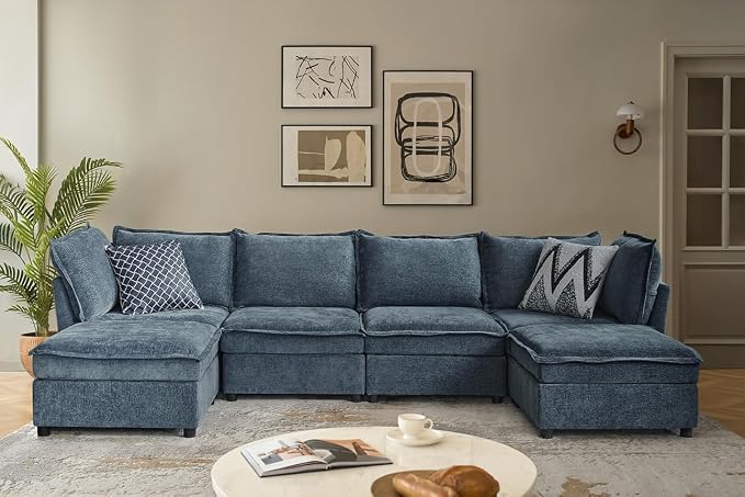 HULALA HOME 127'' Modular Sectional Sofa, Oversized U Shaped Couch with Storage Ottoman, Comfy Chenille Sofa with Deep Seat, 6 Seat Convertible Couches for Living Room, Blue