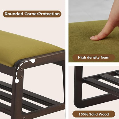 Achicsofar Shoe Rack Bench,2 Tier Solid Wooden Entryway Bench with Shoe Storage, Shoe Rack with Cushion for Living Room, Hallway(Olive Green, 31.5")