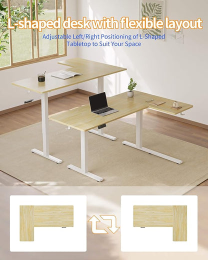 YIHAYO Reversiable L-Shaped Electric Standing Desk, 59 Inches Stand Up Corner Desk, Sit and Stand Up for Work Office Home, Ergonomic Rising Computer Table with Splice Board, Natural