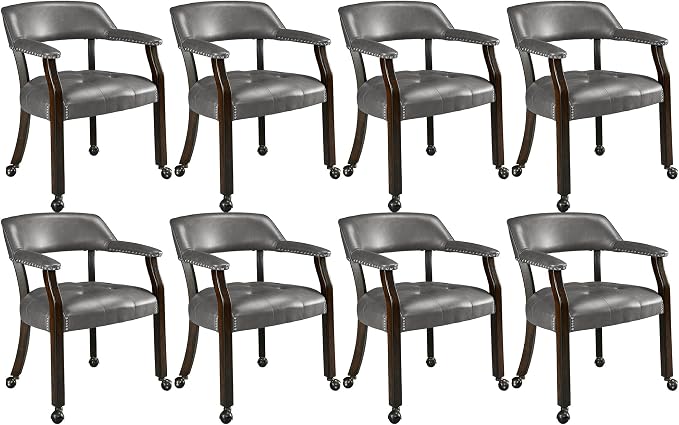 LEEMTORIG Set of 8 Large Dining Chairs with Casters and Arm, Rolling Dining Chairs with Wheel, Poker Table Chair, Boss Caption's Chair, 26"D x 25.2"W x 31.5"H, Espresso Legs & Dark Grey, XXY-1910-DG