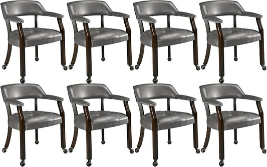 LEEMTORIG Set of 8 Large Dining Chairs with Casters and Arm, Rolling Dining Chairs with Wheel, Poker Table Chair, Boss Caption's Chair, 26"D x 25.2"W x 31.5"H, Espresso Legs & Dark Grey, XXY-1910-DG
