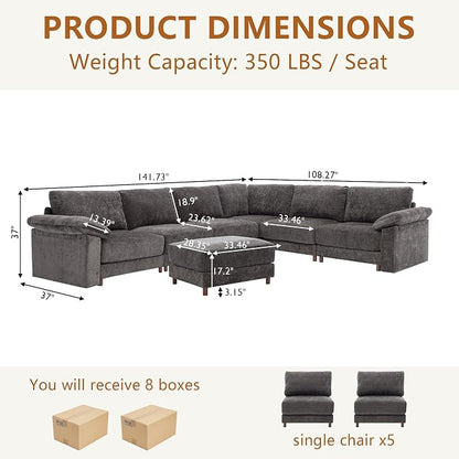 Oversized L Shaped Sectional Couch for Living Room, Extra Large Deep Seat Modular Sectional Sofa with Washable Covers, Modern Cloud Couch for Apartment, Bedroom (Gray, Corner V Shape 7 Seat)