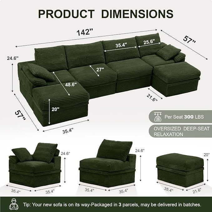 142" Modular U-Shaped Sectional Sofa with Storage, 4-Seat Corduroy Boneless Couch, 27" Deep Seat Cloud Couch & 2 Movable Ottoman, Tool-Free Assembly, Couch for Living Room, Green