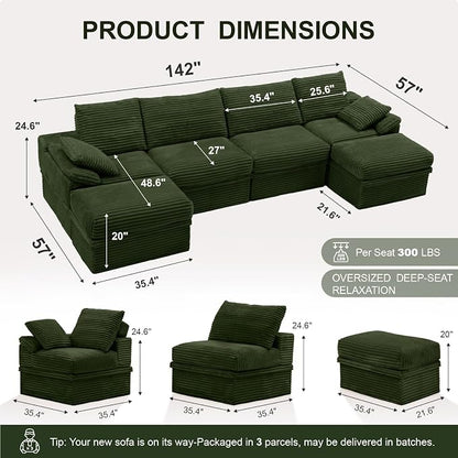 142" Modular U-Shaped Sectional Sofa with Storage, 4-Seat Corduroy Boneless Couch, 27" Deep Seat Cloud Couch & 2 Movable Ottoman, Tool-Free Assembly, Couch for Living Room, Green