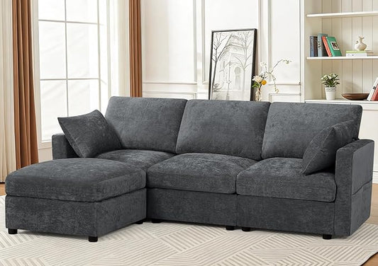 84” Chenille 3-Seats Sofa W/Movable Ottoman, Grey | Modern Fabric L-Shaped Couch w/Soft Backrests, Upholstered Sectional Sofa w/Arm Pillows for Living Room