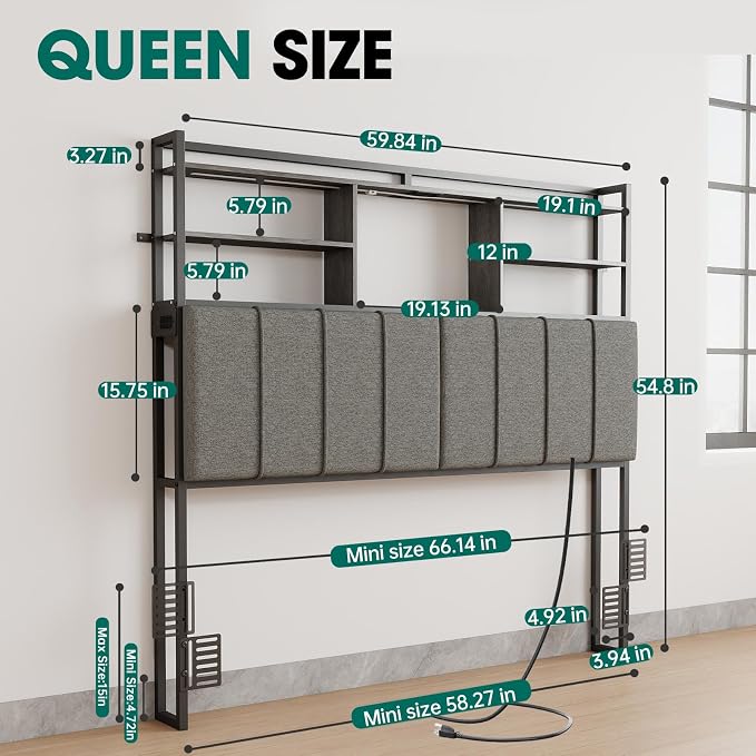 54.8" Tall Headboard Queen Size with 3-Tier Storage Shelves, Linen Upholstered Head Board with USB & Type C Port & LED Light, Soft Backrest for Queen Size Bed,