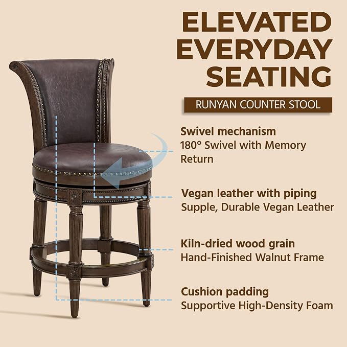 ROME + OAK Set of 3 Runyan 26" Swivel Counter Stool, Rotating High Back Barstool in Dark Walnut Finish with Vintage Brown Vegan Leather Seat