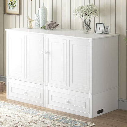 Mjkone Queen Size Murphy Bed Cabinet with Tri-Folding Mattress Included, Chest Cabinets Bed with USB Charging Station, Wall Beds with Storage Drawers for Guest Bedroom Apartment Office, White
