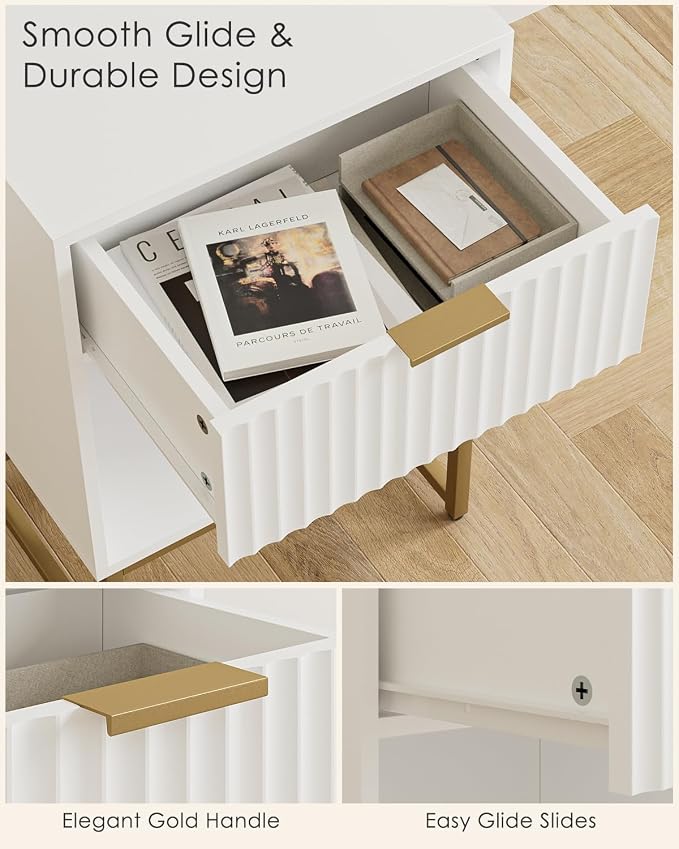 Masupu White Nightstand, Fluted Night Stand, Wood Bedside Table with Storage Drawer, Modern Side End Table for Bedroom, White