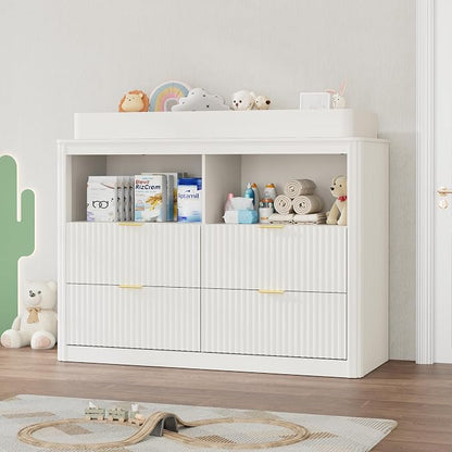 Nursery Dresser, 4 Large Drawers Wood Baby Changing Dresser with Raised and Detachable Changing Table Top, Fluted Chest with Gold Handles, Baby Storage Organizer for Kids Bedroom, Nursery Room, White