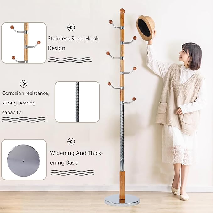 Wooden Coat Rack Freestanding, Hall Tree Hanger With Resin Hooks, Adjustable Heavy Duty Coat Rack for Hanging Clothes Bags Hats in Living Room Bedroom (coat rack, metal-Walnut color)