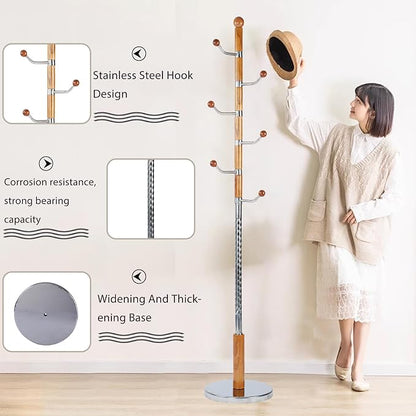 Wooden Coat Rack Freestanding, Hall Tree Hanger With Resin Hooks, Adjustable Heavy Duty Coat Rack for Hanging Clothes Bags Hats in Living Room Bedroom (coat rack, metal-Walnut color)