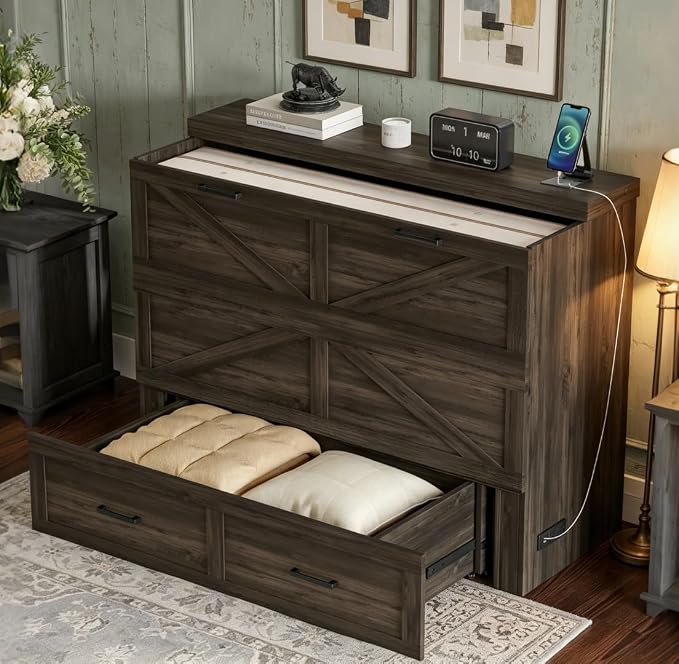 Bellemave Full Size Murphy Bed with Charging Station and Storage, Farmhouse Murphy bedframe with Foldable Panel, Noisy Free, for Guest Bedroom, Living Room, Office, Rustic Gray