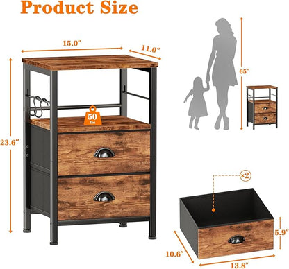 Furologee Nightstand with 2 Fabric Drawers, Night Stand with 2-Tier Shelf, Bedside Table with Hooks, Open Wooden Shelf, End Table for Bedroom, Backboard Design, Metal Frame, Rustic Brown