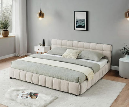 KEIKI King Thick Chenille Bed Frame with 4 Storage Drawer & Upholstered Tufted Headboard, Modern Solid Wood Floor Platform for Bedroom, No Box Spring Needed