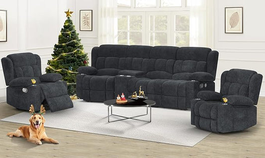 Dresegmt Recliner Sofa Set with Storage Console, Flip Middle Backrest Design 3 Seater Reclining Sofa and 2PC Single Recliner Chair, Manual Couches for Living Room (Gray, 3 Seat+Console+1+1)