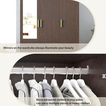 jiteentarou 3 Door Wardrobe Closet with Mirror & LED Lights, Bedroom Armoire with Drawers & Shelves, Farmhouse Wooden Armoire Wardrobe Closet with Hanging Rod for Bedroom, Brown