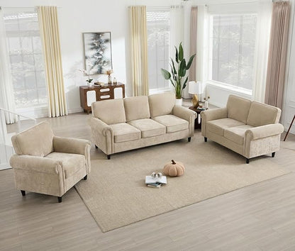 Kingfun Loveseat 2&3 Seater Couch with Chair, Mid Century Modern Chenille Sofa Set with Rolled Arms and Deep Seats, Fluffy Comfort for Living Room, Apartment, Easy Assembly, Khaki