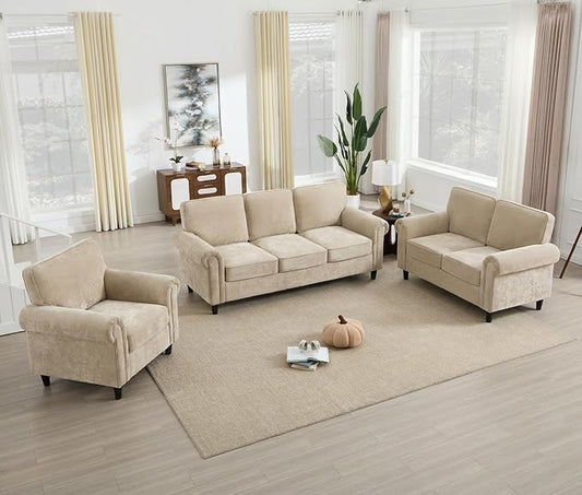 Kingfun Loveseat 2&3 Seater Couch with Chair, Mid Century Modern Chenille Sofa Set with Rolled Arms and Deep Seats, Fluffy Comfort for Living Room, Apartment, Easy Assembly, Khaki