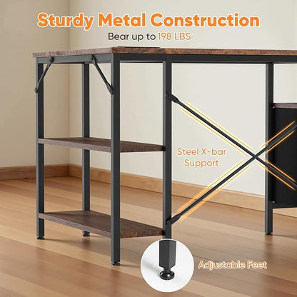 DUMOS L Shaped Desk with Shelf Drawers 55 Inch, Brown Corner Computer Desks Gaming with Power Outlet, Study Table with Adjustable Shelves, Home Office Tables for Bedroom Teacher Reading Writing