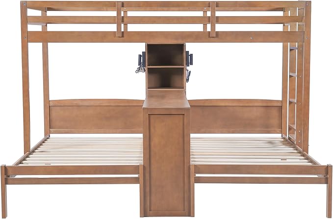 VilroCaz Twin Over Twin & Twin Bunk Bed with Built-in Desk and Storage Shelves, 3 Beds in 1 Design Solid Wood Triple Bunk Bed with Reading Lamp and Guardrails for Kids Teens Aldults (Natural-2.14)