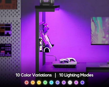 MOTPK 43” L Shaped Gaming Desk for Small Rooms, Compact Corner Computer Table with Shelf & Hutch, 4 Drawers, Reversible Study Desk with LED Light, Power Outlets & USB Ports, Home Office Table, Black