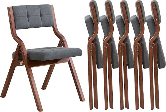 Folding Chairs with Cushion Set of 6,Padded Foldable Dining Chairs,Portable Wooden Folding Dining Chairs for Dining Room Kitchen Wedding Party Indoor Linen Walnut Darkgrey