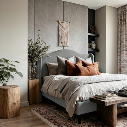 Allewie Full Size Bed Frame, Upholstered Wingback Platform with 47" Tall Tufted Headboard, Plush Velvet Fabric, Modern Minimalist Design, No Box Spring Required, Tool-Free Assembly, Grey