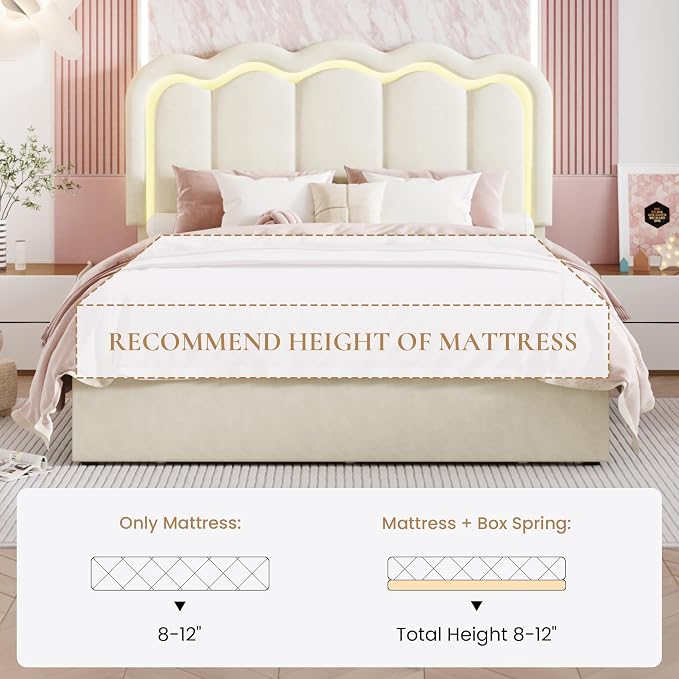 SHA CERLIN Upholstered Queen Size Bed Frame with LED Lights and Large Storage Drawer, Velvet Platform Bed with Adjustable Wavy Headboard, Noise Free, Easy Assembly, No Box Spring Needed, Soft Cream