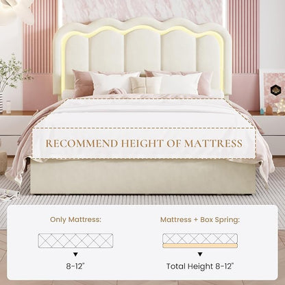 SHA CERLIN Upholstered Queen Size Bed Frame with LED Lights and Large Storage Drawer, Velvet Platform Bed with Adjustable Wavy Headboard, Noise Free, Easy Assembly, No Box Spring Needed, Soft Cream