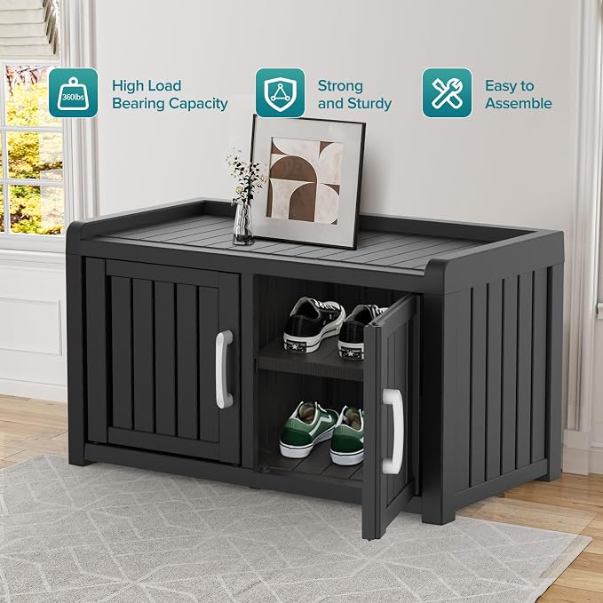 DRATO Indoor Outdoor Shoe Storage Cabinet, Waterproof Shoe Cabinet with Adjustable Shelves, Multifunctional Resin Storage Bench for Entryway, Foyer, Hallway (Black, Duble Doors)