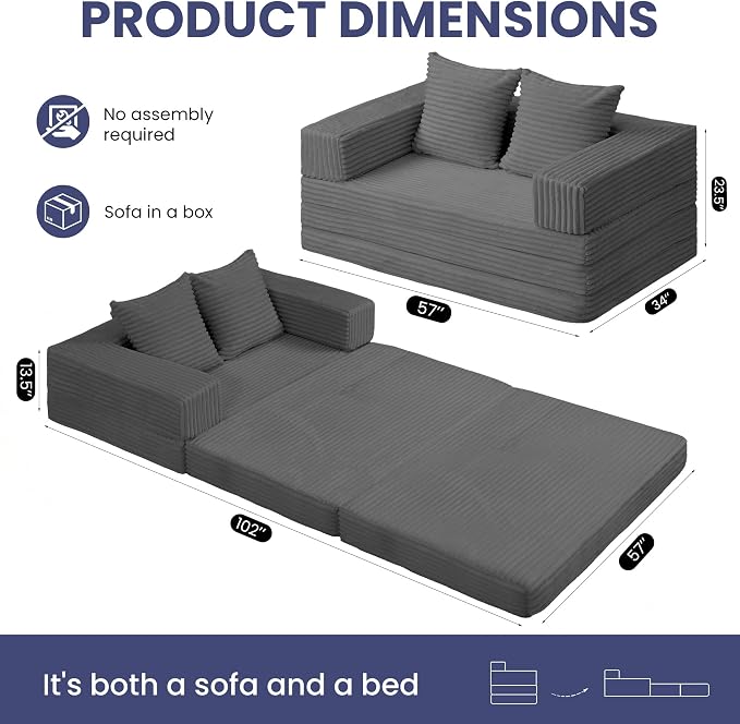 Convertible Sofa Bed, 4-in-1 Boneless Loveseat with Removable Armrests Backrest, Corduroy Futon Couch Bed with Pillow, Foldable Mattress Sleeper Sofa for Living Room Bedroom Small Place (Grey)