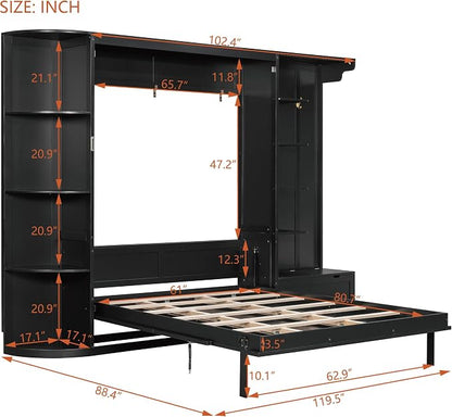Murphy Bed Queen Size,Murphy Bed with Storage & Lights,Wall Bedframe w/Hidden Fold-Out Legs & Built-in Shelves & Cabinets，Hook,Space-Saving,Black