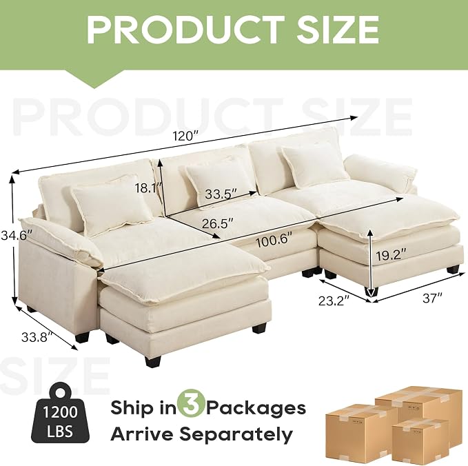 Oprisen 120" Modular Sectional Sofa, Comfy Cloud Couch Sectional Sofa with Ottoman, Chenille Sofa Sleeper Deep Seat Sofa with Throw Pillows for Living Room (Beige White, 120"- U Shape)