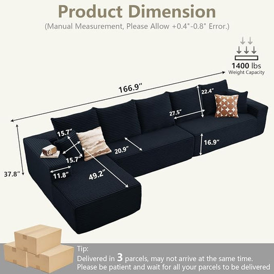 166.9" Cloud Sectional Couch with L-Shape Chaise, Modern Modular Comfy Sofa Chaise Longue, Upholstered Corduroy Couches Sleeper with Deep Seat for Living Room Bedroom, No Assembly Required, Black